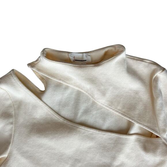 By Anthropologie Women’s Asymmetrical Cutout Ribbed Knit Mockneck Ivory Sweater - Picture 3 of 12